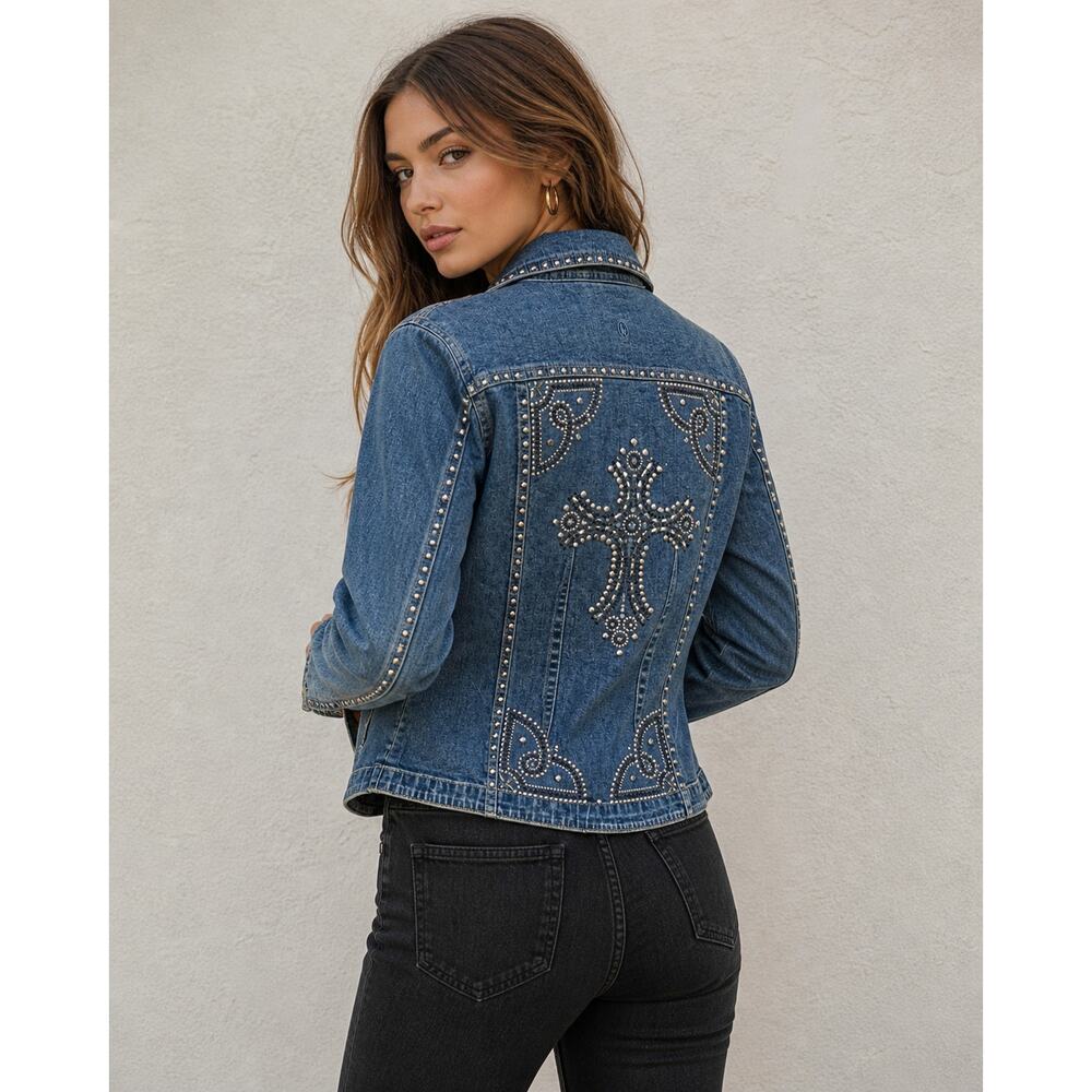 Western Glam Studded Denim Jacket | Y2K Cowgirl Rhinestone Cross Small
